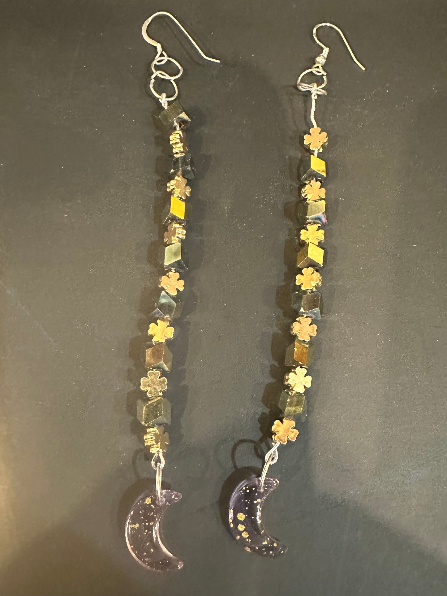 Long Dangle Bead Earrings with Sparkling Moon Charms