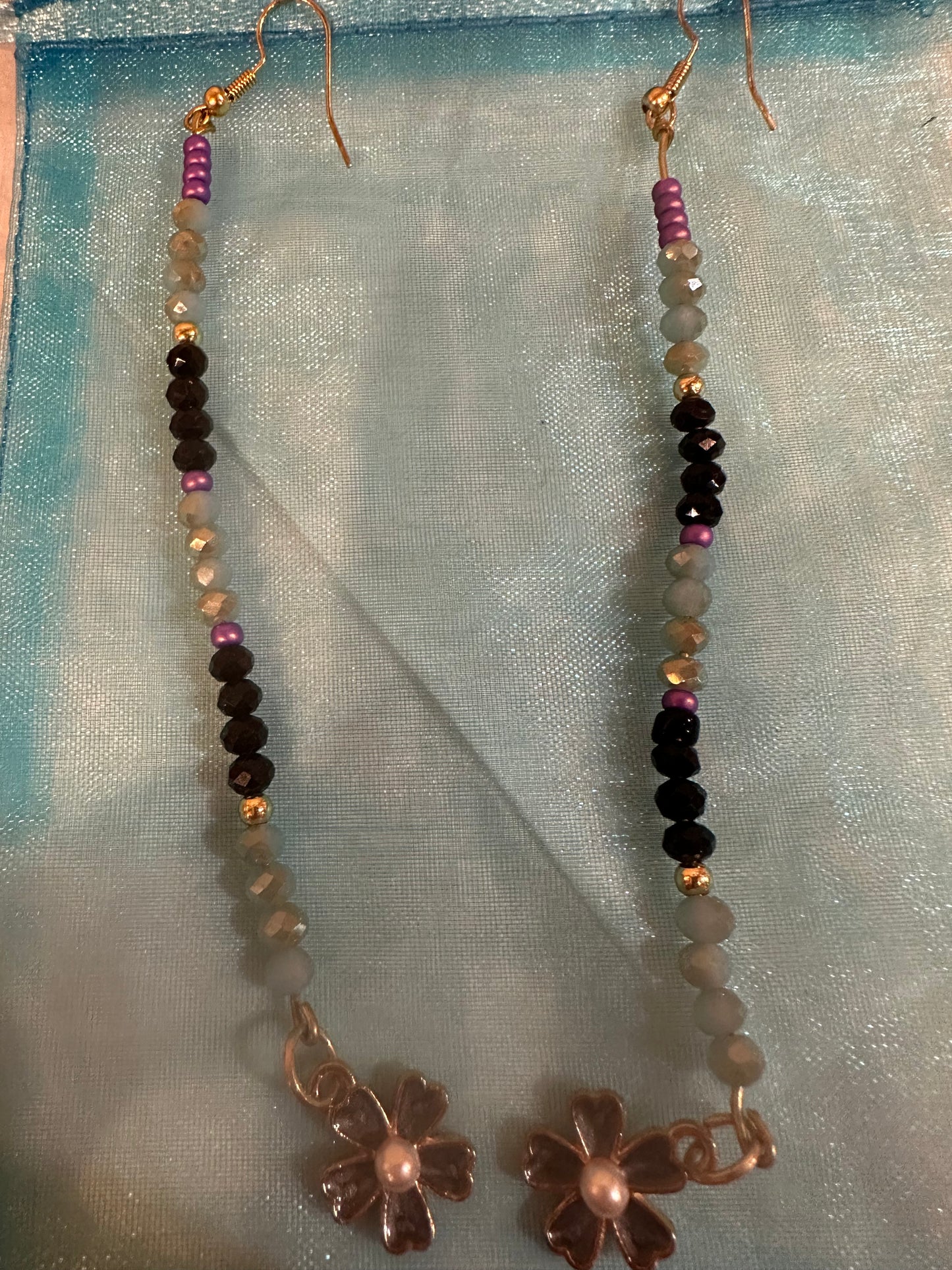 Long Beaded Dangle Earrings purple, dusty blue & black beads w/ flower bead