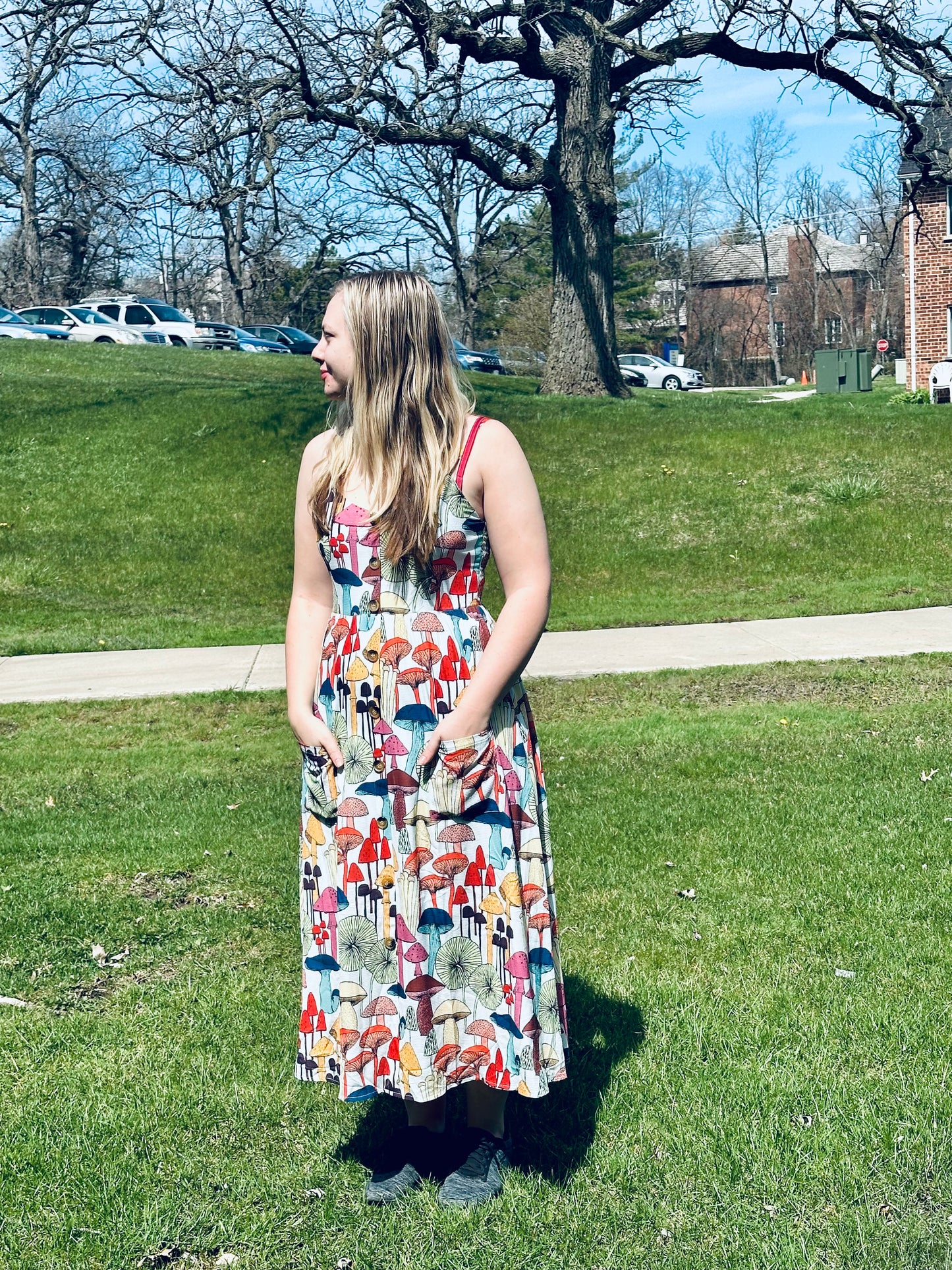 Colorful Mushroom Maxi Dress with Pockets