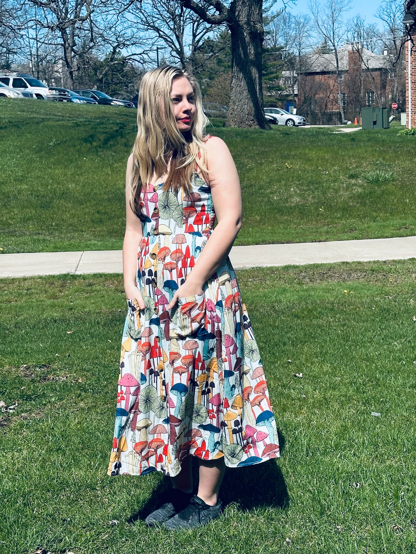 Colorful Mushroom Maxi Dress with Pockets