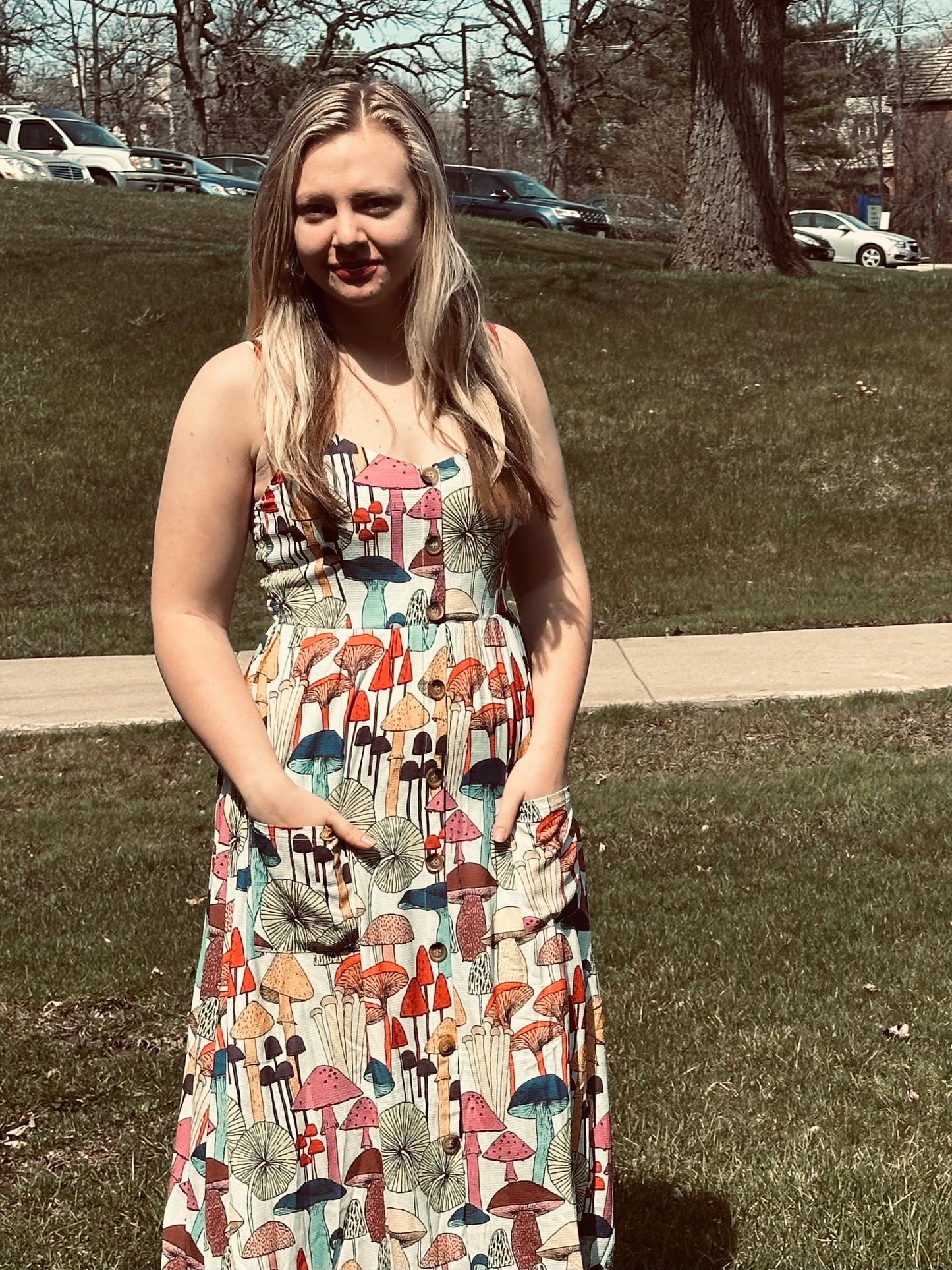 Colorful Mushroom Maxi Dress with Pockets