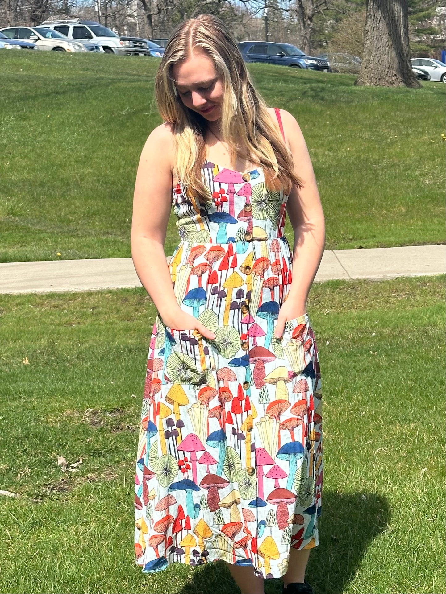 Colorful Mushroom Maxi Dress with Pockets