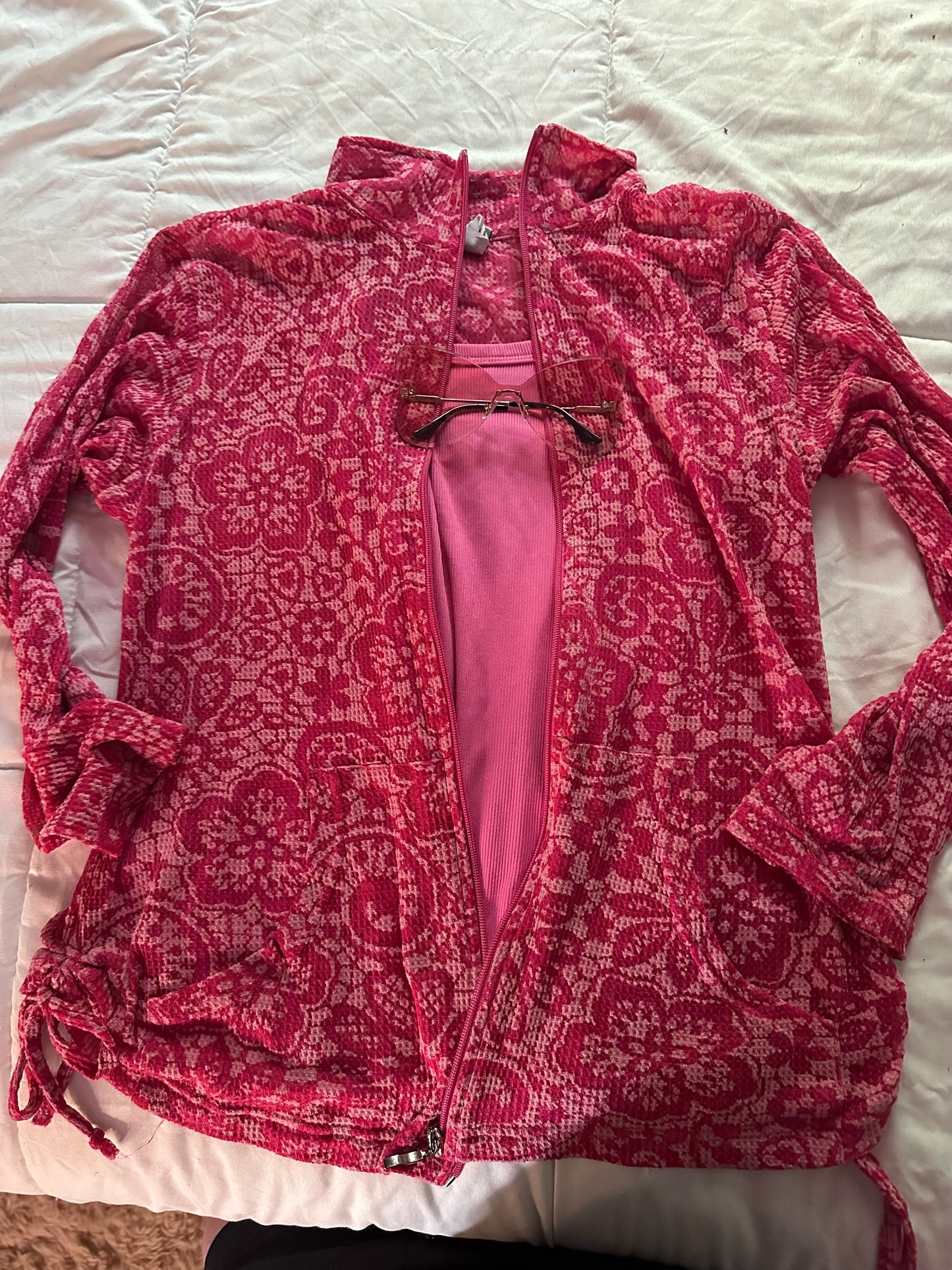 Pink Lace Imprint Side Cinched Jacket