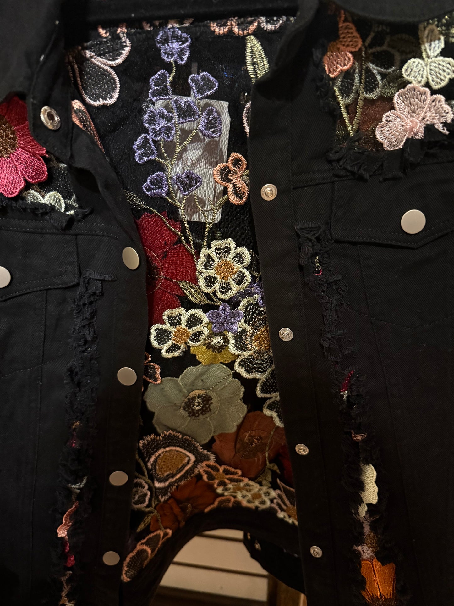 Black Jean Jacket with Flower appliqué