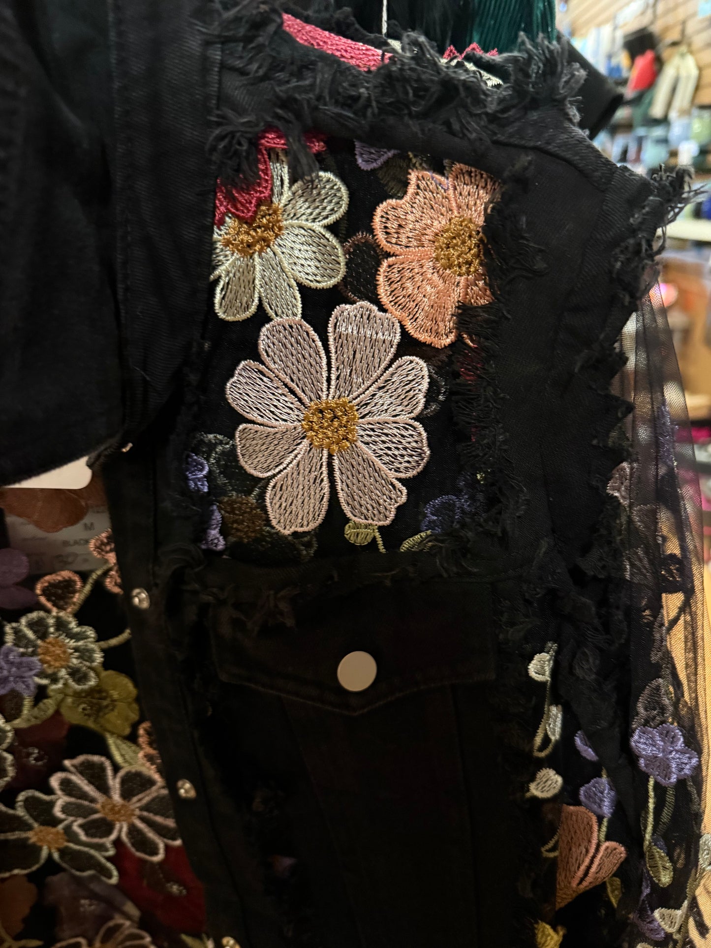 Black Jean Jacket with Flower appliqué