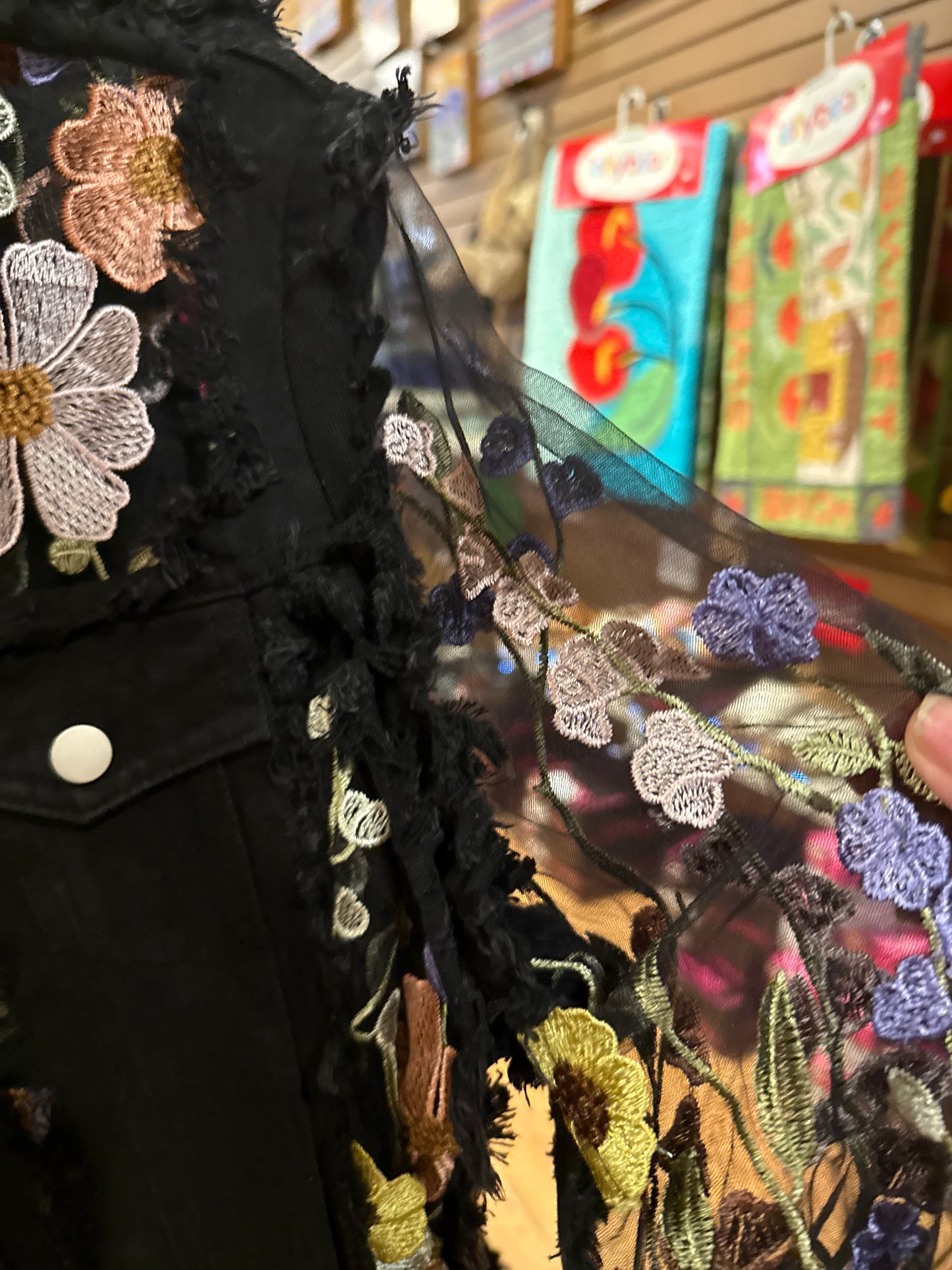 Black Jean Jacket with Flower appliqué