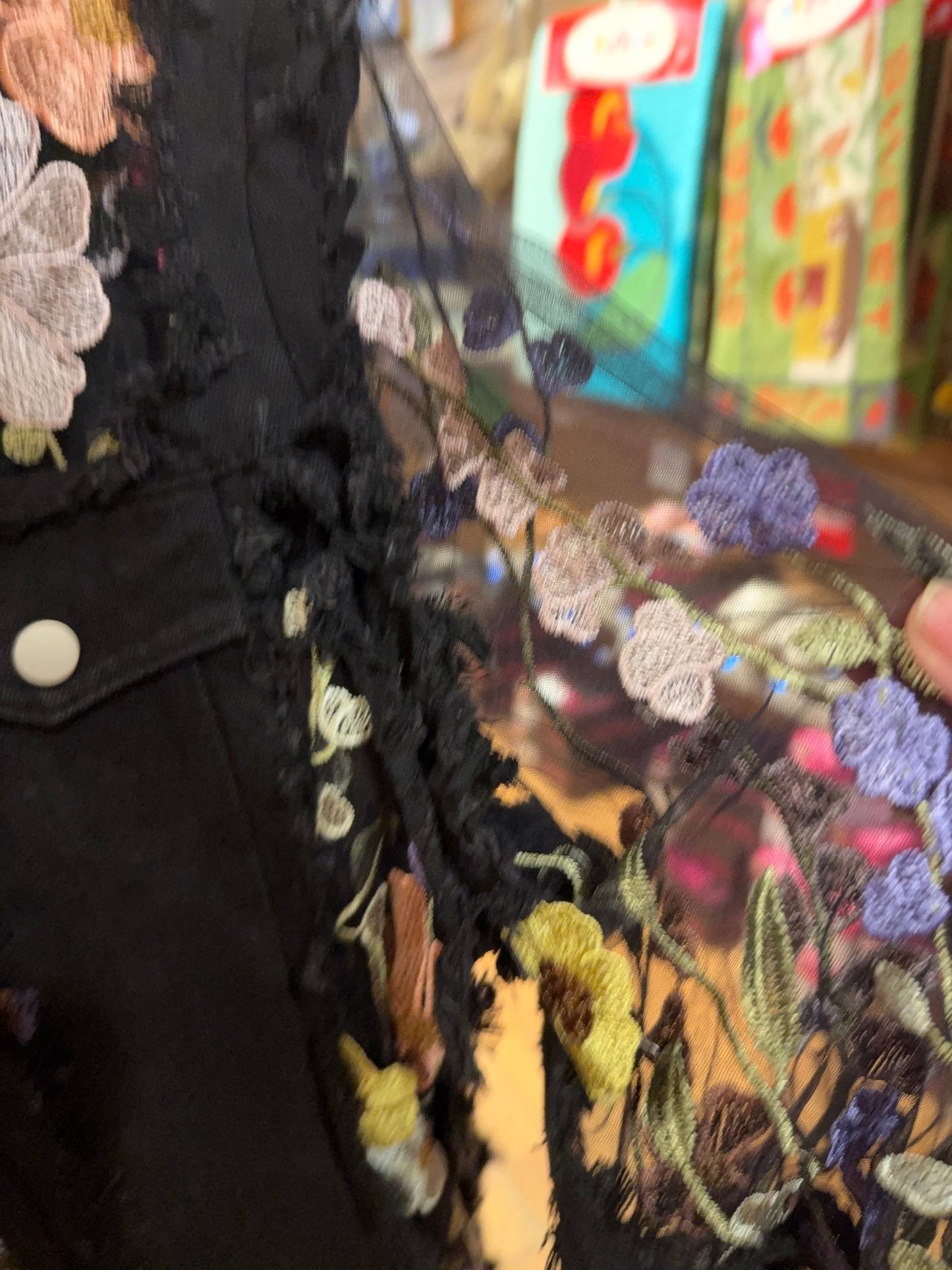 Black Jean Jacket with Flower appliqué