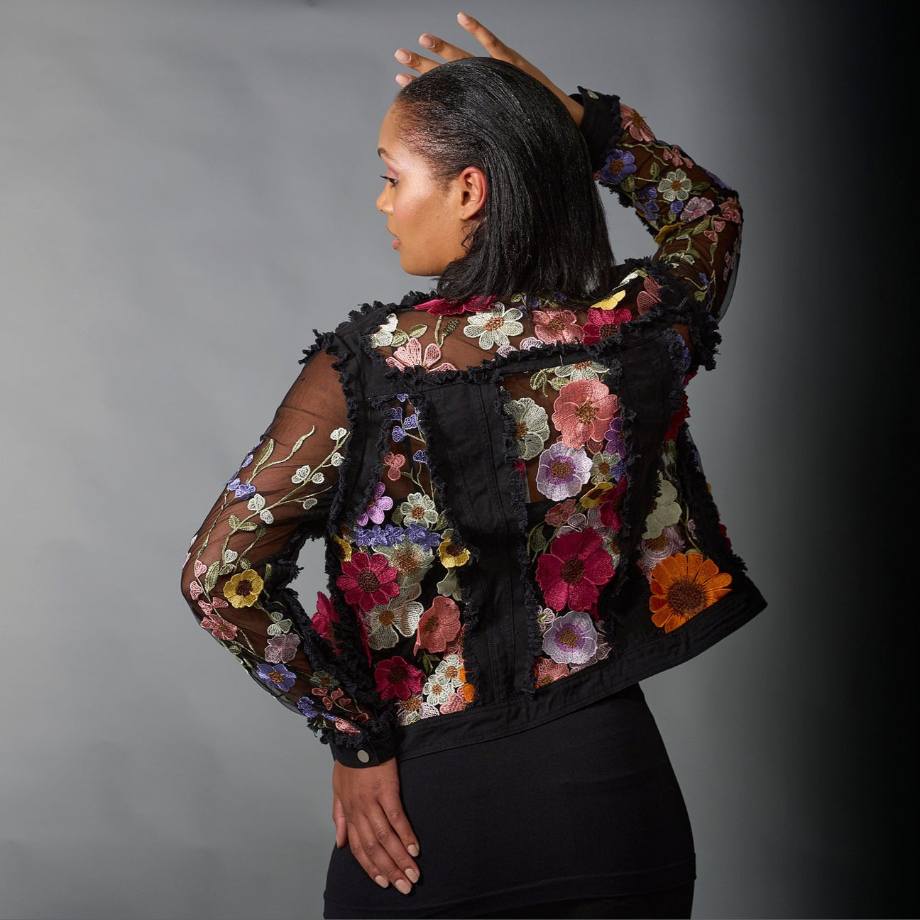 Black Jean Jacket with Flower appliqué