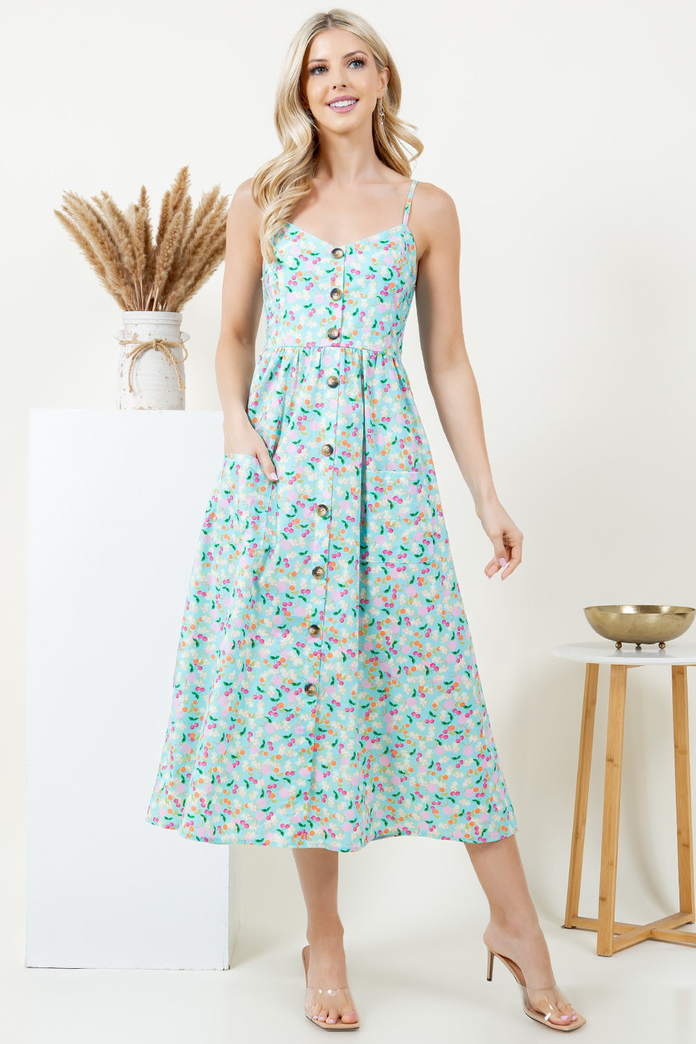 Pastel Color Floral & Cherry Maxi Dress