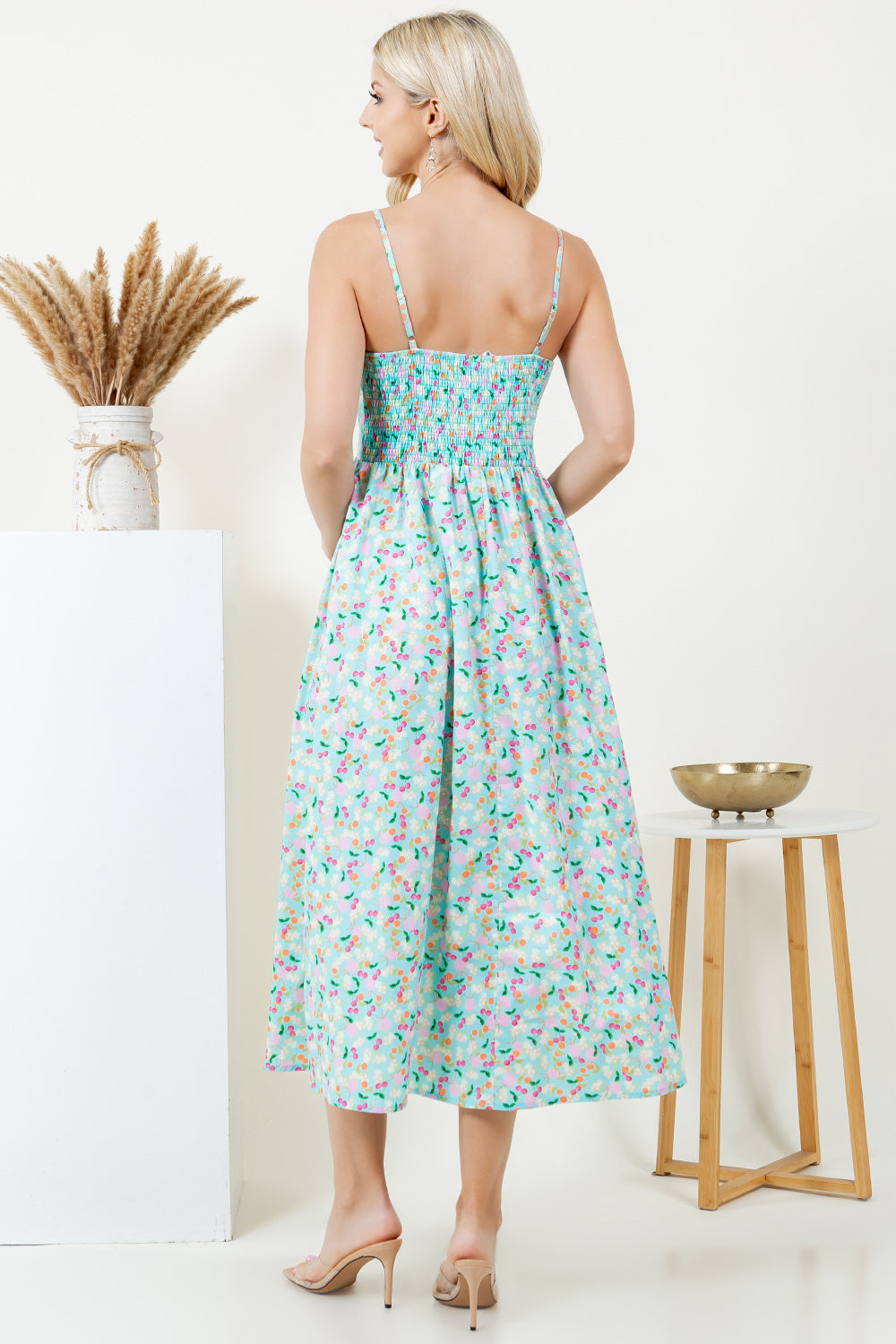 Pastel Color Floral & Cherry Maxi Dress