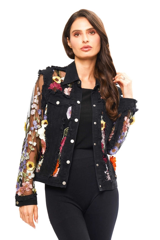 Black Jean Jacket with Flower appliqué