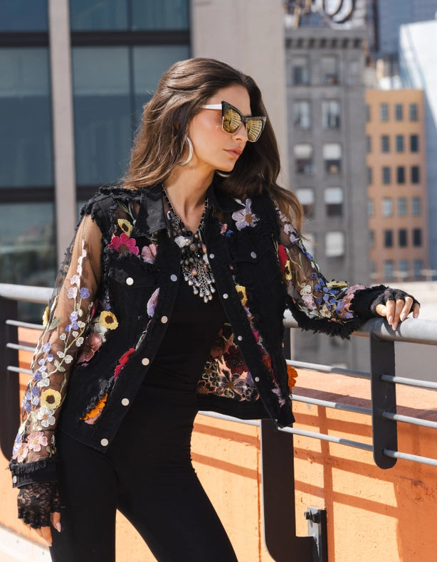 Black Jean Jacket with Flower appliqué