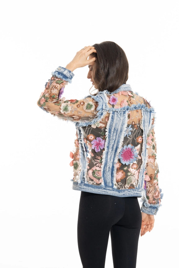 Unique Denim Jean Jacket with Flower appliqués & Sheer Sleeves