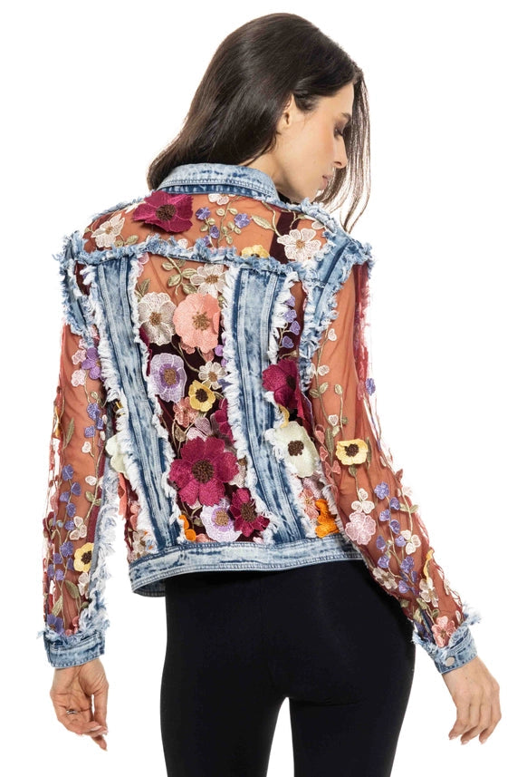 Unique Denim Jean Jacket with Flower appliqués & Sheer Sleeves