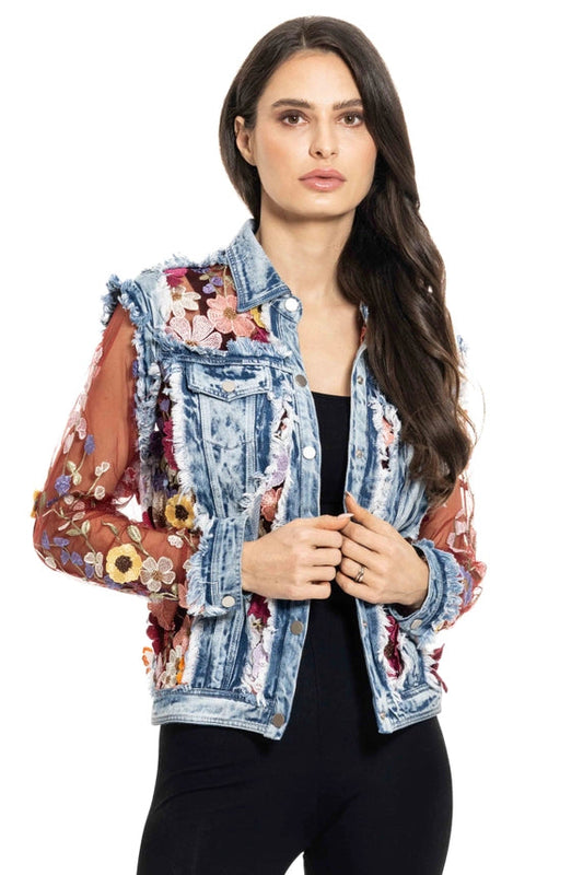 Unique Denim Jean Jacket with Flower appliqués & Sheer Sleeves