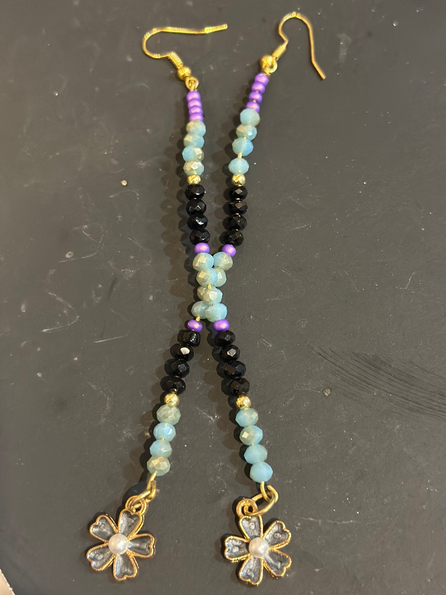 Long Beaded Dangle Earrings purple, dusty blue & black beads w/ flower bead
