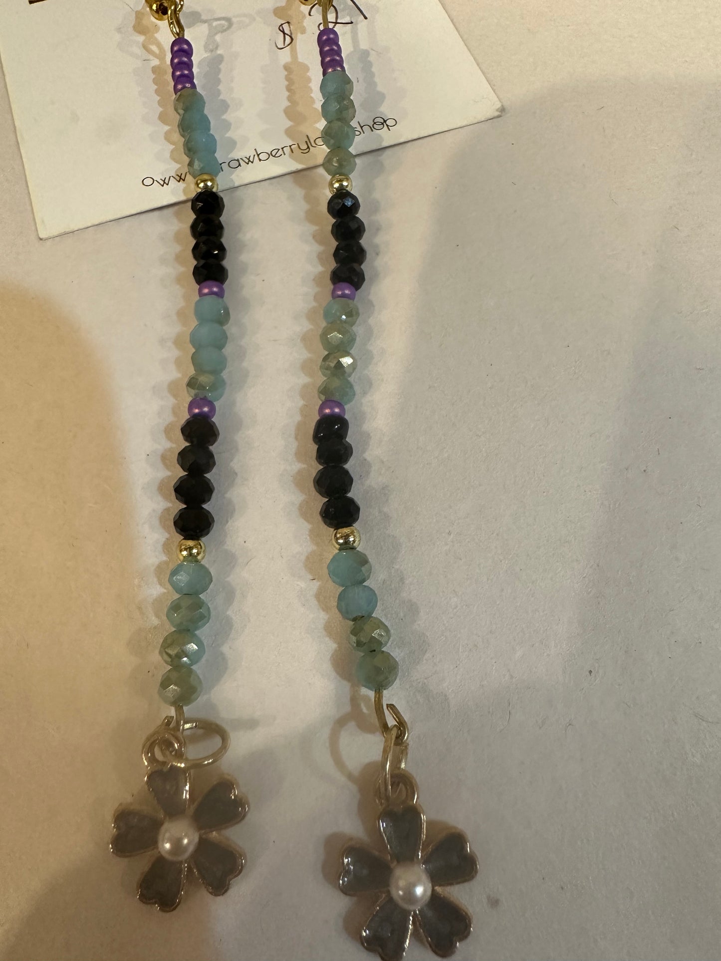 Long Beaded Dangle Earrings purple, dusty blue & black beads w/ flower bead