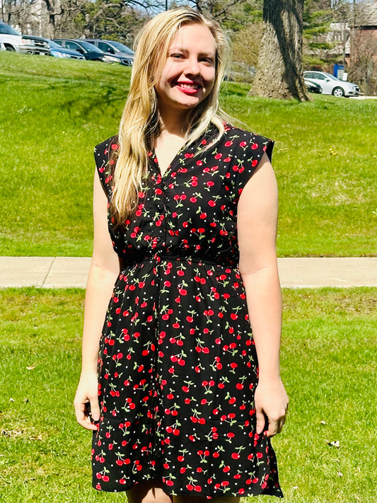 Cute Cherry Print Dress with Pockets