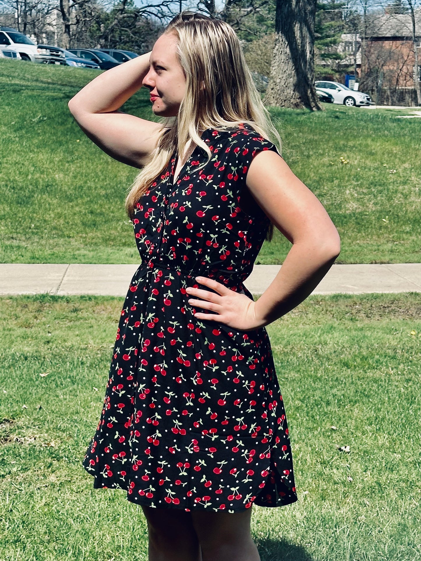 Cute Cherry Print Dress with Pockets