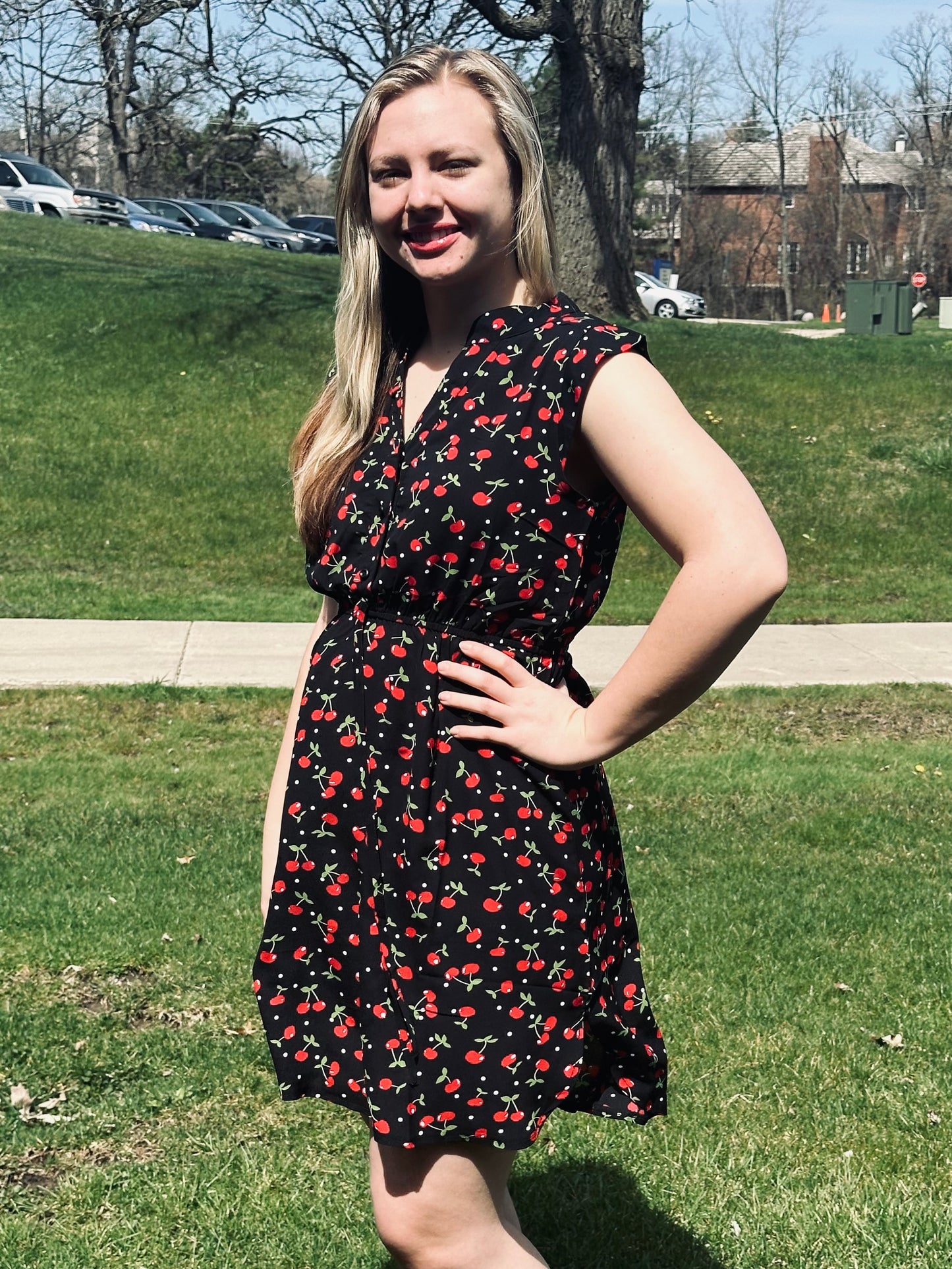 Cute Cherry Print Dress with Pockets