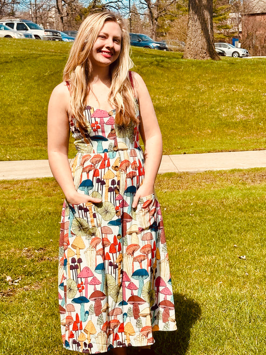 Colorful Mushroom Maxi Dress with Pockets