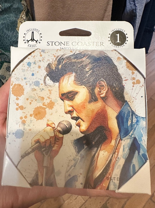 Stone Coaster Of Elvis Singing With Microphone