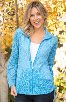 Turquoise Side Cinched Lace Imprint Jacket