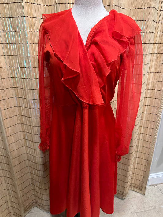 1960s  Red Ruffle Gown with Nylon Sleeves