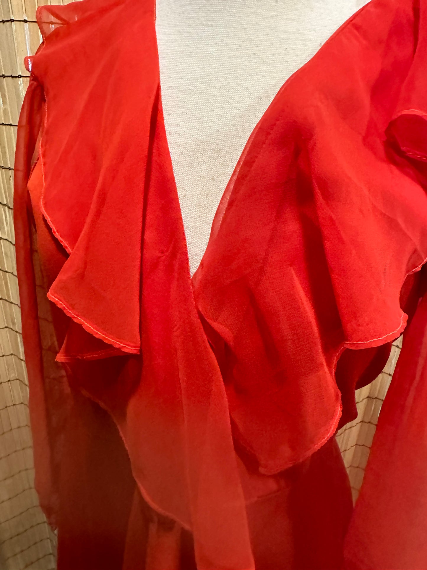 1960s  Red Ruffle Gown with Nylon Sleeves