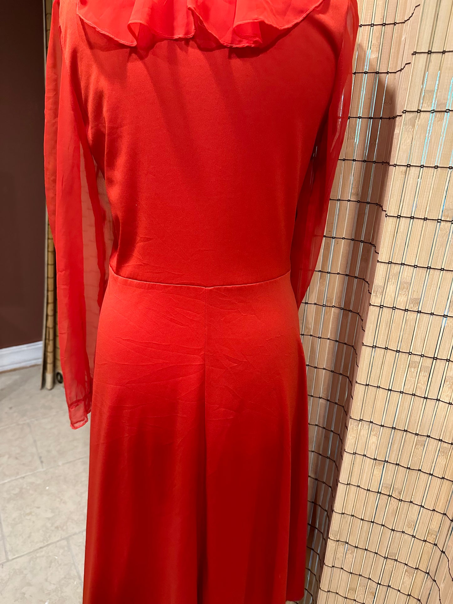 1960s  Red Ruffle Gown with Nylon Sleeves